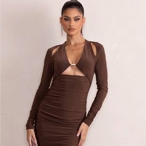 CHOCOLATE CUT OUT FRONT RUCHED BODY MIDI DRESS WITH GOLD TRIM